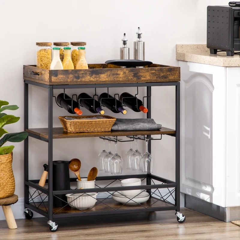 HOMCOM 3-Tier Kitchen Cart on Wheels with Removable Tray, Wine Racks, Glass Holders Rustic Brown
