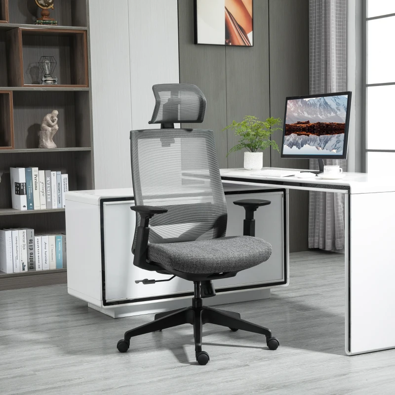 Vinsetto Mesh Fabric Home Office Task Chair with High Back, Adjustable Seat, Recline, Headrest and Lumbar Support, Grey