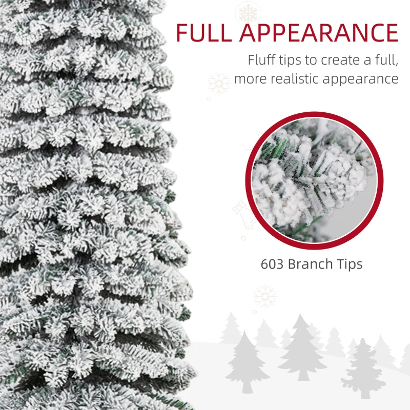 HOMCOM 8' Tall Unlit Slim Pencil Xmas Tree, Snow Flocked Artificial Christmas Tree with Realistic Branches and 603 Tips, Green