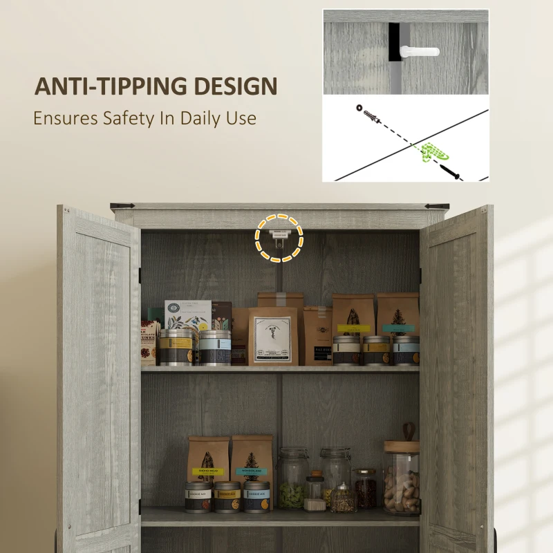 HOMCOM 72" Farmhouse Pantry Cabinet with Adjustable Shelves, Kitchen Pantry Cabinet with 2 Doors, Distressed Light Gray