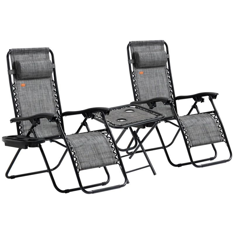 Outsunny Zero Gravity Chair Set of 2 Patio Chair with Side Table Cupholders and Pillows for Pool, Backyard, Lawn, Beach, Grey