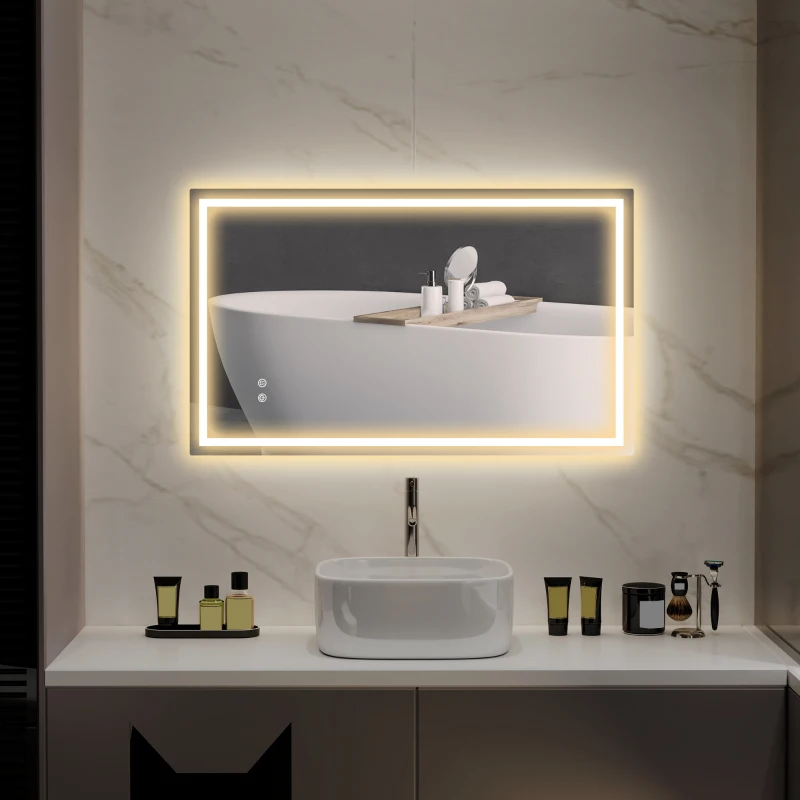 HOMCOM 39" x 24" Bathroom Mirror with LED Lights, Wall Mounted Vanity Mirror with Anti-Fog Pad and Touch Button, Clear