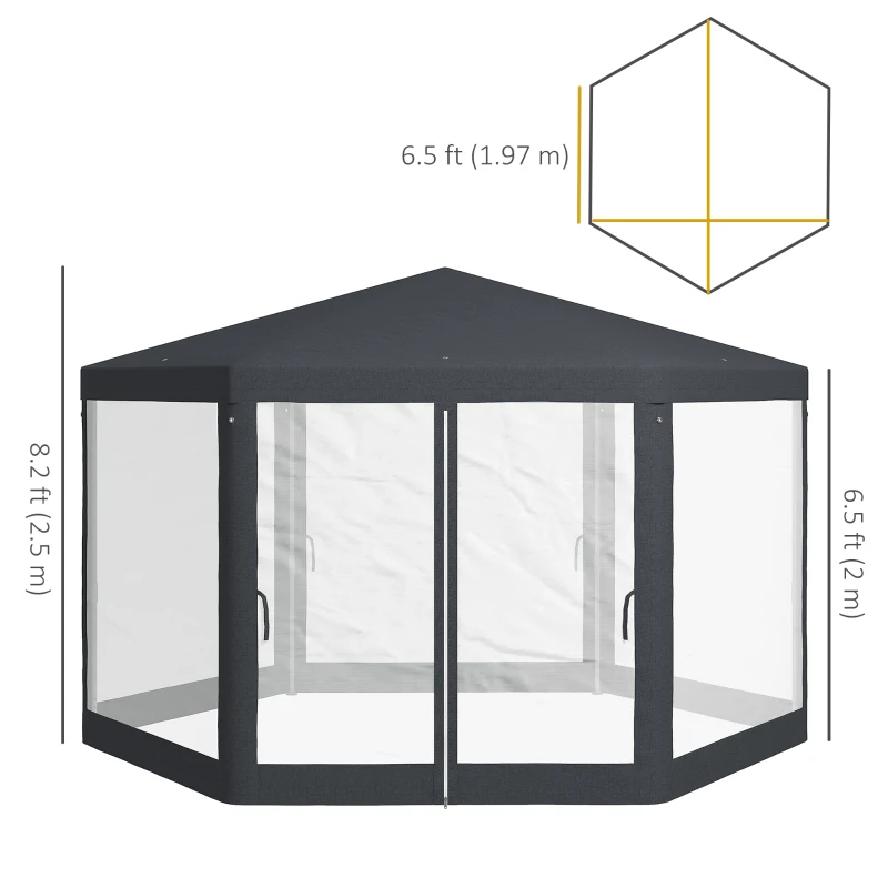 Outsunny Φ13' Hexagon Party Tent Patio Gazebo Outdoor Activity Event Canopy Quick Sun Shelter Pavilion with Netting Mesh Sidewall Dark Grey