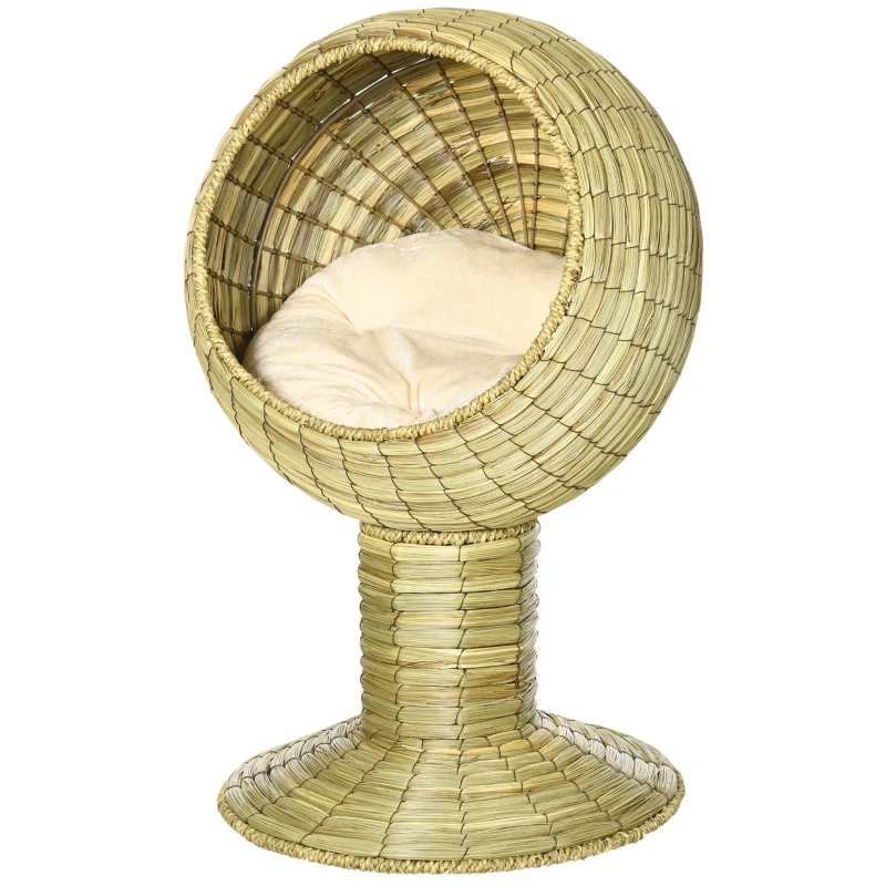 PawHut Elevated Cat Bed with Rotatable Egg Chair Pod, Cat Basket Bed with Thick Cushion, Natural Mat Grass Woven Kitty House, Yellow