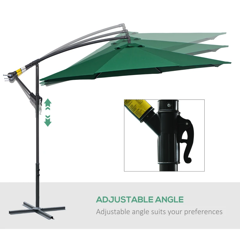 Outsunny 10' Deluxe Patio Umbrella, Outdoor Market Parasol, Banana Hanging Offset Sunshade with Crank, Cross Base, Dark Green