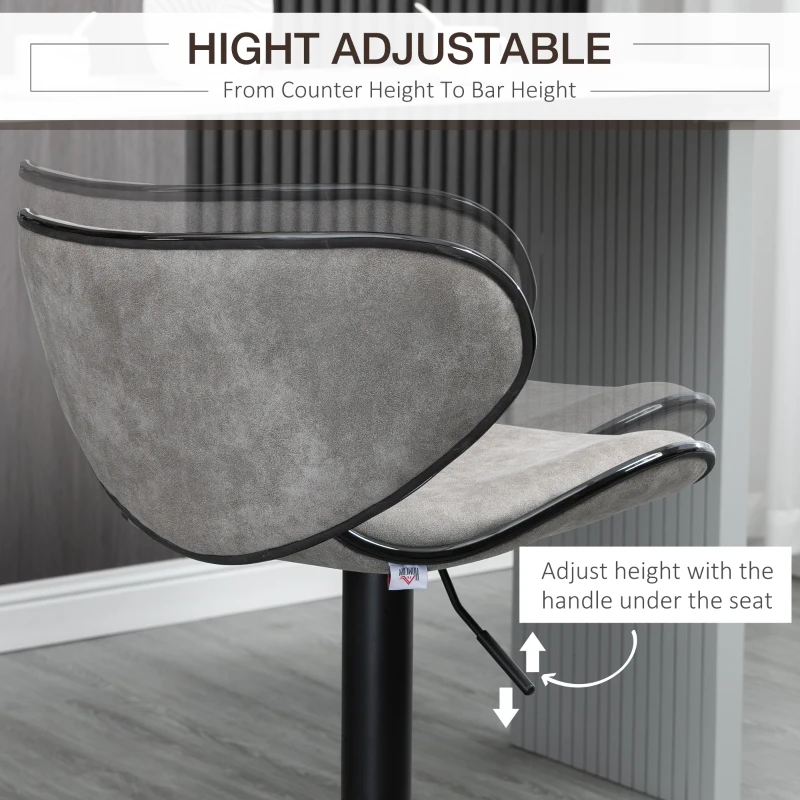 HOMCOM Adjustable Bar Stools Set of 2, Swivel Counter Height Barstools, Leathaire Upholstered Kitchen Island Stools with Back, Footrest and Steel Base, Taupe Grey