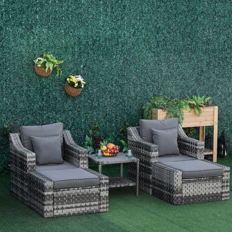 Outsunny 5pc Patio Furniture Set, All Weather PE Rattan Conversation Chair and Ottoman Set w/ Table, Cushion Pillows, Mixed Gray
