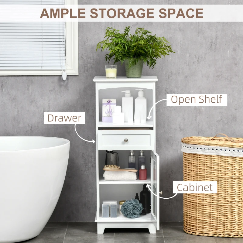 kleankin Bathroom Floor Cabinet with Drawer, Glass Door Side Cabinet, Multifunctional Corner Unit with Adjustable Shelf for Home Office, Living Room, White