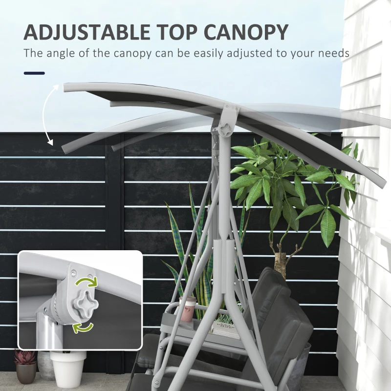 Outsunny 2-Seater Outdoor Porch Swing with Canopy and Table, Patio Swing Chair for Garden, Poolside, Backyard, Gray