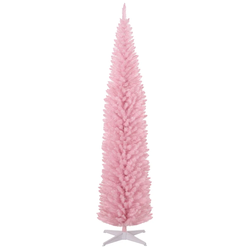 HOMCOM 8ft Unlit Pencil Artificial Christmas Tree with Realistic Branches and 618 Tips, Plastic Base, Pink