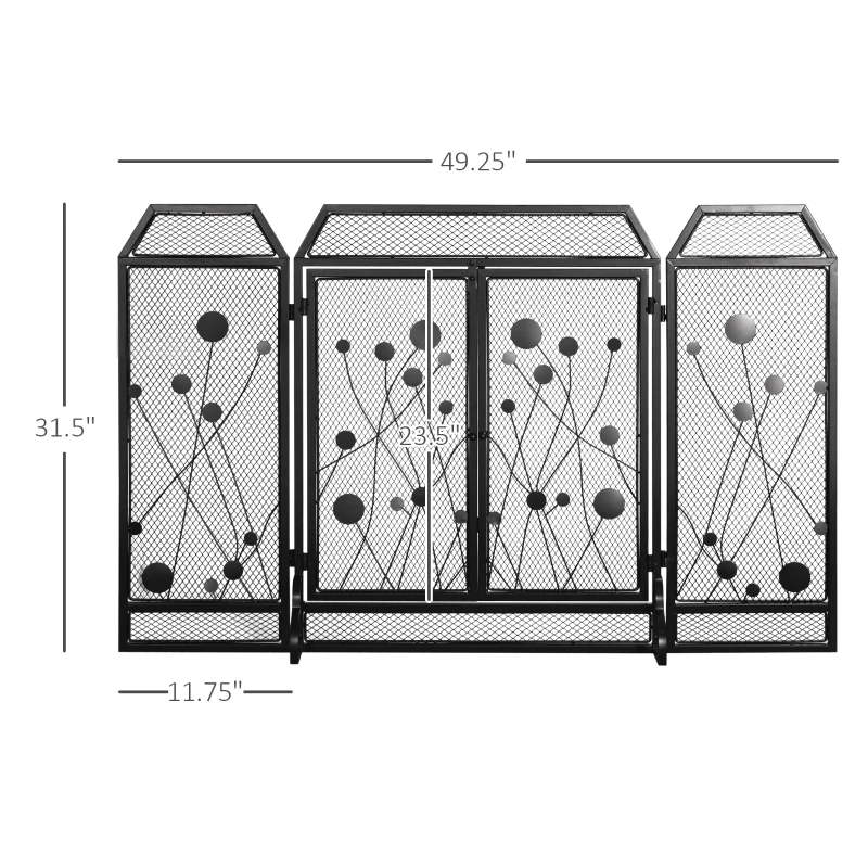 HOMCOM 3-Panel Metal Fireplace Mesh Screen Home Folded Steel Spark Protection with Magnetic Doors 49.25" x 31.5", Black