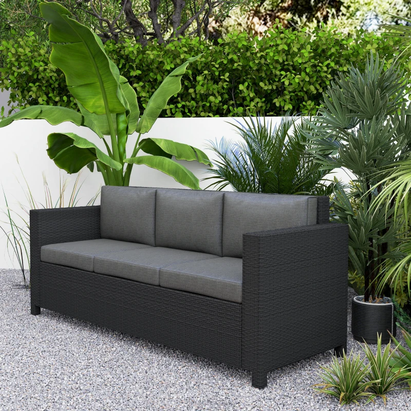 Outsunny Deluxe 3 Seat Rattan Wicker Sofa Garden Outdoor Patio Furniture with Cushion, Grey