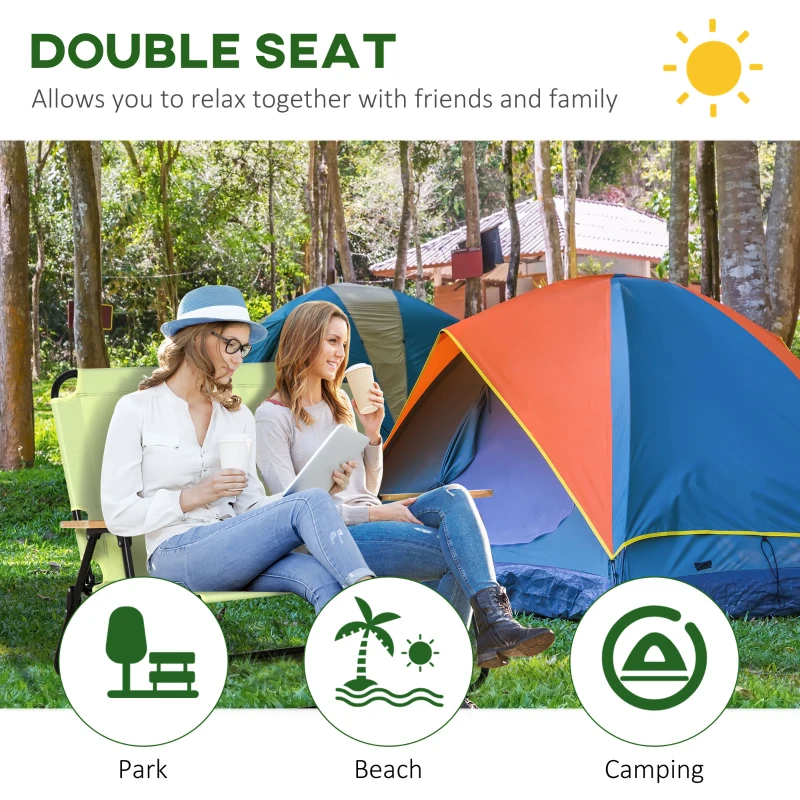 Outsunny Double Folding Camping Chair, Loveseat for 2 Adults, Portable Camping Couch with Wood Armrest & Cupholders, for Backpacking, Beach, Sports Travel, Green