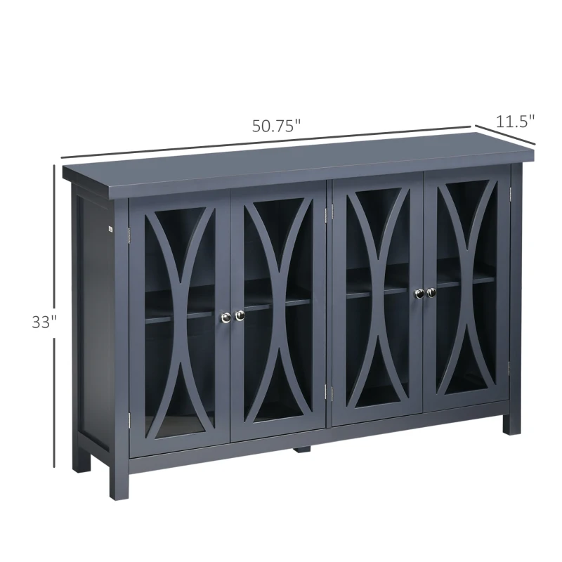 HOMCOM Sideboard, Buffet Cabinet with 4 Tempered Glass Doors, Arc Pattern and Adjustable Storage Shelf, Credenza, Gray