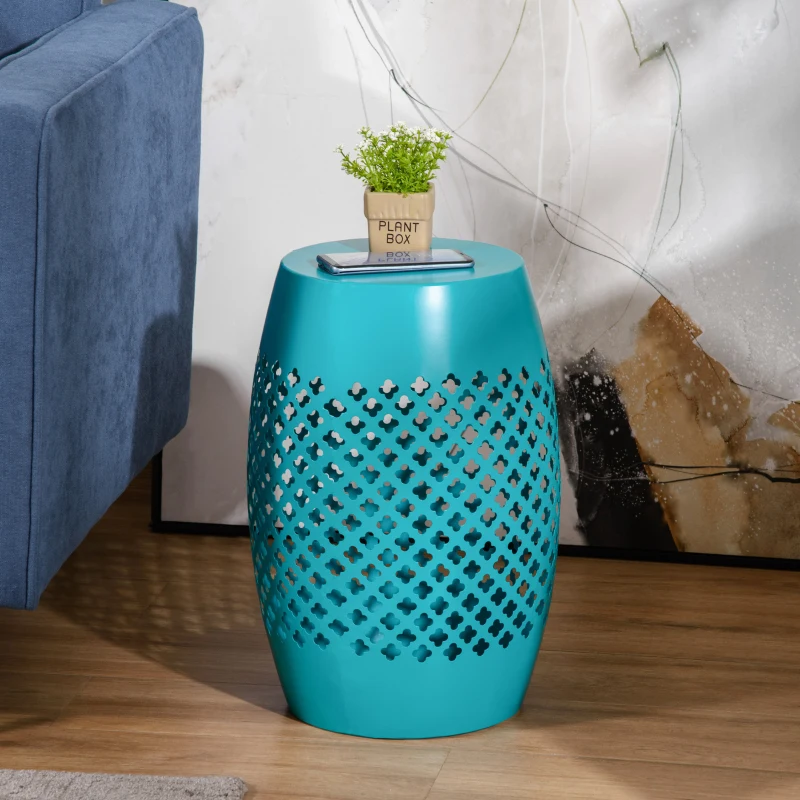 Outsunny 12.5" Steel Patio End Table, Round Hollow Drum Side Table, Accent Table for Indoor and Outdoor, Teal