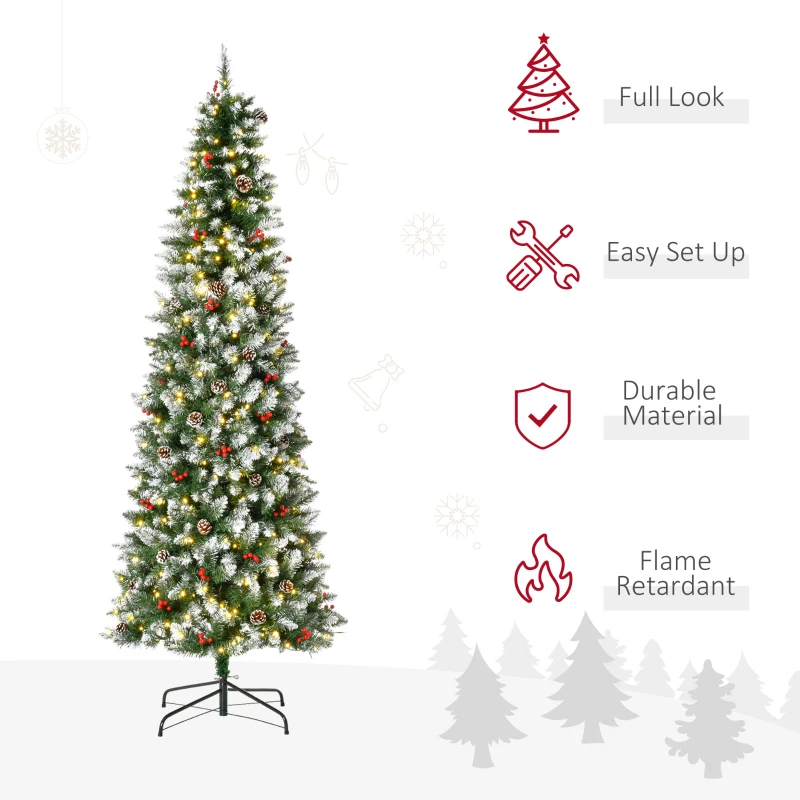 HOMCOM 7.5 ft Snow-Dipped Pencil Christmas Tree Pre-Lit Holiday Decoration with LED Lights Pine Cones Red Berries Green