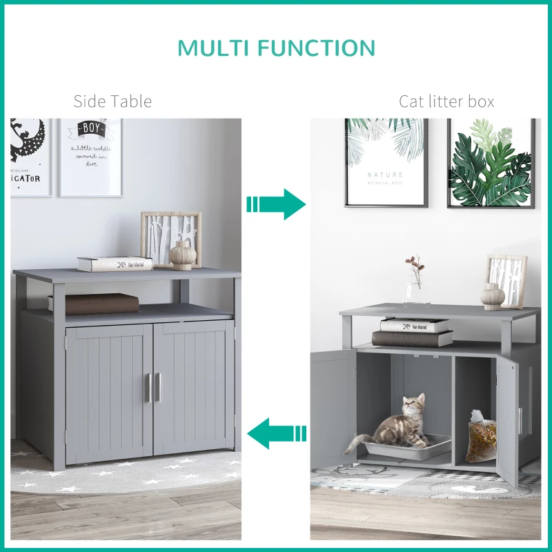 PawHut Wooden Cat Litter Box Enclosure Furniture with Adjustable Partition, Cat Washroom End Table with Open Shelf, Gray