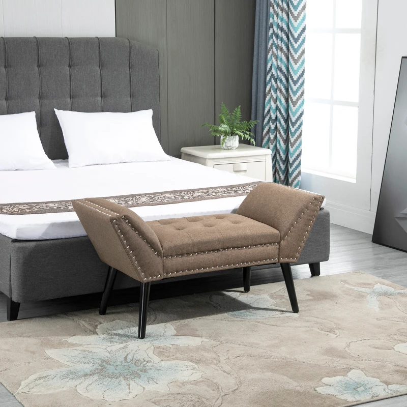 HOMCOM Modern Button Tufted Sitting Bench, Accent Fabric Upholstered Ottoman for Bedroom or Living Room, Brown