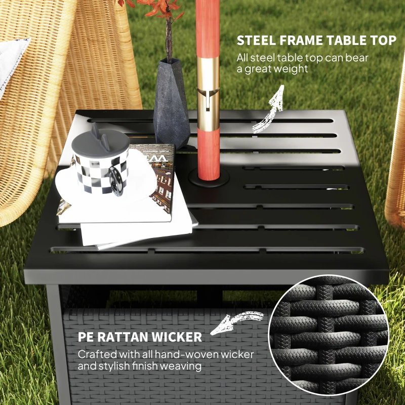 Outsunny 21.75" Outdoor Rattan Wicker Patio Coffee Table with Umbrella Hole, Patio Side Table with Slatted Metal Top, Black