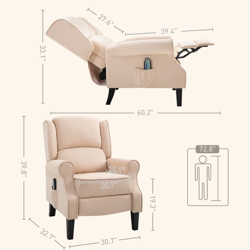 HOMCOM Recliner Chair for Living Room, Wingback Single Sofa with Vibration Massage, Heat, Push Back, Cream White
