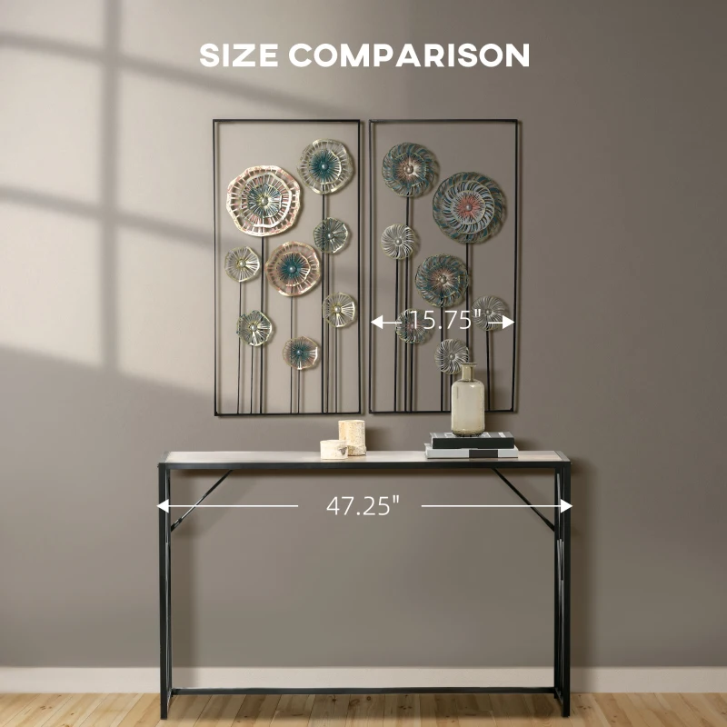 HOMCOM 3D Metal Wall Art Set of 2 Modern Flower Hanging Wall Sculpture Home Decor for Living Room Bedroom Kitchen 16"x32"x2, Blue Silver Gold