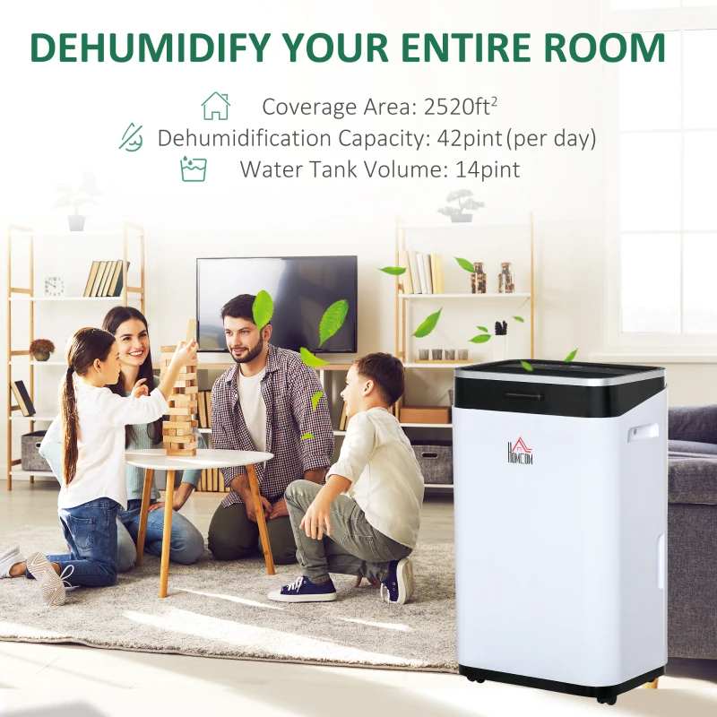 HOMCOM 2520 Sq. Ft Portable Electric Dehumidifier For Home, Bedroom or Basements with 14 Pint Tank, 2 Speeds and 3 Modes, 42 pt/Day, White