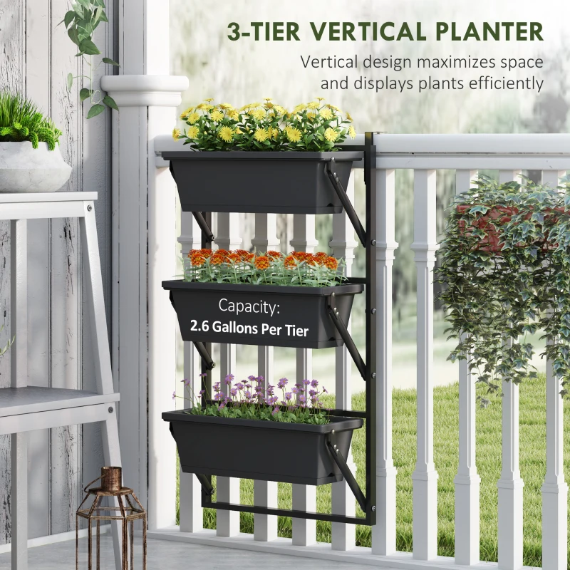 Outsunny 3-Tier Wall-Mounted Planter Box with 3 Pots, Vertical Planters for Outdoor Plants, Dark Grey