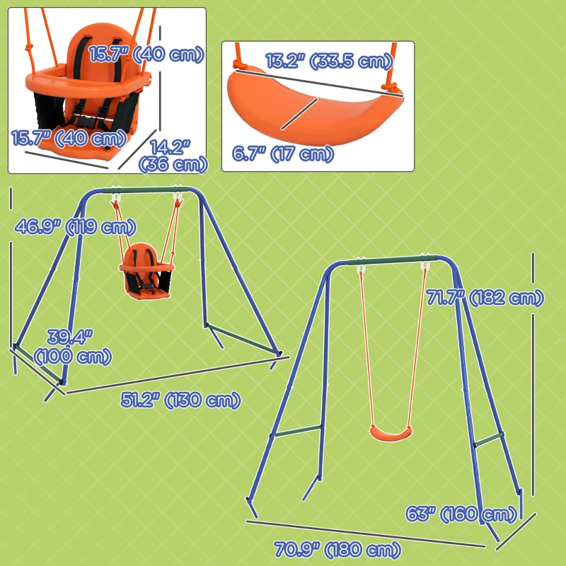 Outsunny Kid Swing Set with Safety Harness for Baby, Kids 6 Months+, Heavy Duty Swing Set for Indoor/Outdoor, Backyard, Orange