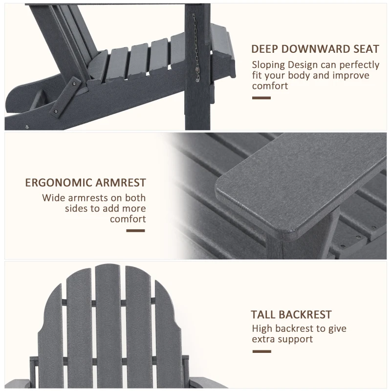 Outsunny 3 Piece Adirondack Chair Set of 2, HDPE Folding Fire Pit Chairs and Patio Side Table, Outdoor Furniture with Slatted Seat, High Backrest, Armrests, Dark Gray