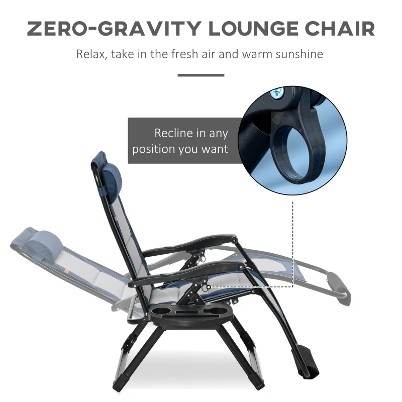 Outsunny Foldable Outdoor Lounge Chair with Footrest, Oversized Padded Zero Gravity Lounge Chair with Headrest, Side Tray, Cup Holders, Armrests for Camping, Lawn, Garden, Blue