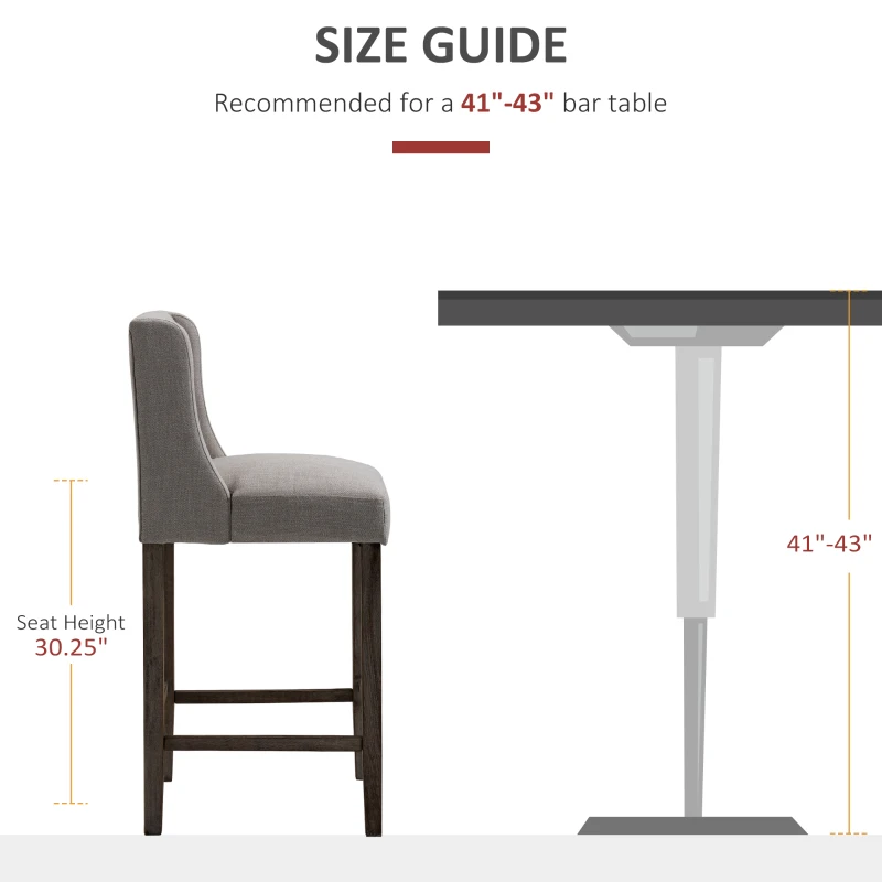 HOMCOM Modern Bar Stools, Tufted Upholstered Barstools, Pub Chairs with Back, Rubber Wood Legs for Kitchen, Dinning Room, Set of 2, Grey