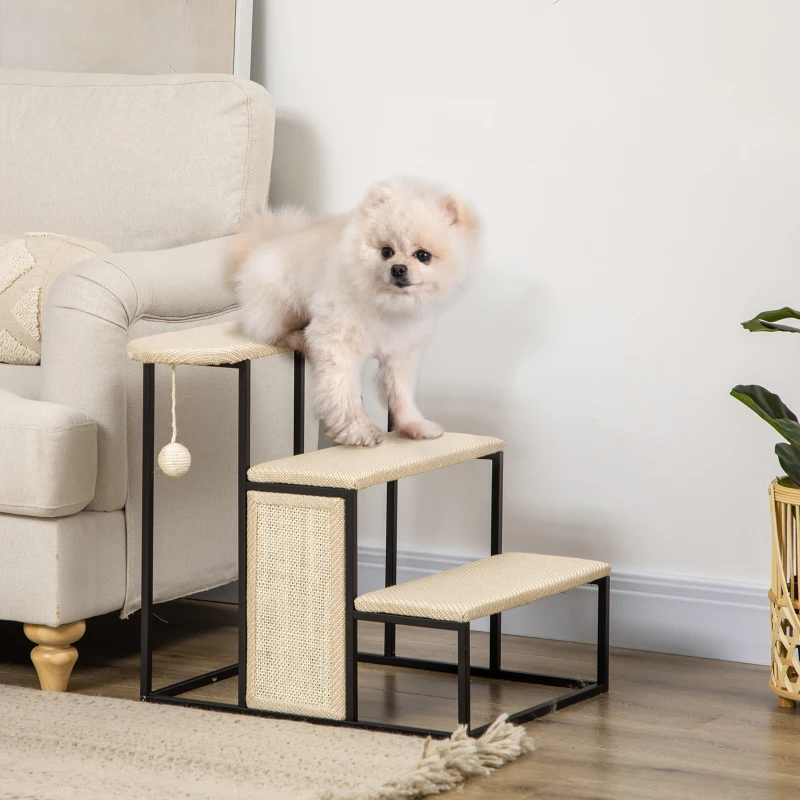 PawHut 20.75" Cat Toy Pet Stairs for High Beds, Cat Stairs for Older Cats and Heavy-Weight Kitties, Pet Steps with Sisal Scratching Post, Cream White