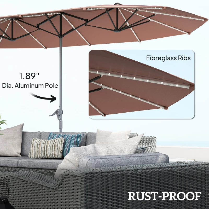 Outsunny 15ft Double-Sided Outdoor Umbrella with Solar Lights, UPF50+ Extra Large Aluminum Patio Umbrella with Crank, Tan