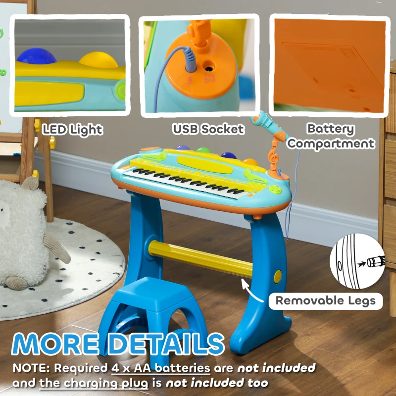 Qaba 37 Key Kids Piano Keyboard with Microphone, Stool, for 3-6 Years, Blue