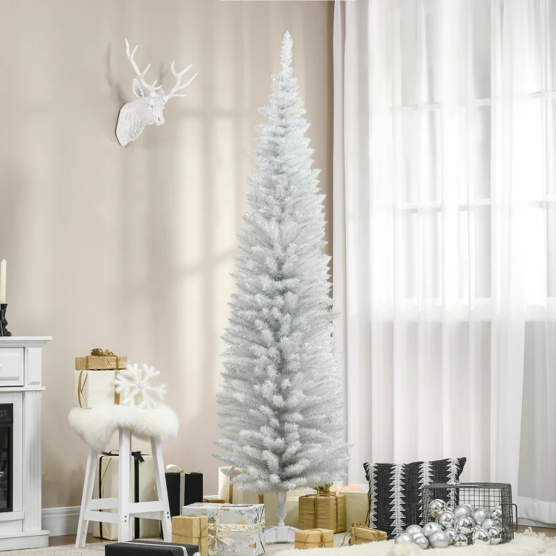 HOMCOM 7' Artificial Pencil Christmas Tree, Slim Xmas Tree with 499 Realistic Branch Tips and Plastic Stand, White
