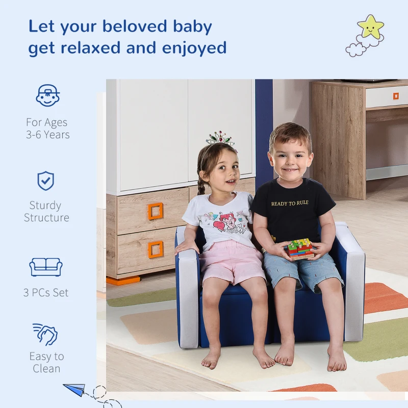 Qaba Kids Sofa Set 2-in-1 Multi-Functional Toddler Table Chair Set 2 Seat Couch Storage Box Soft Sturdy Blue