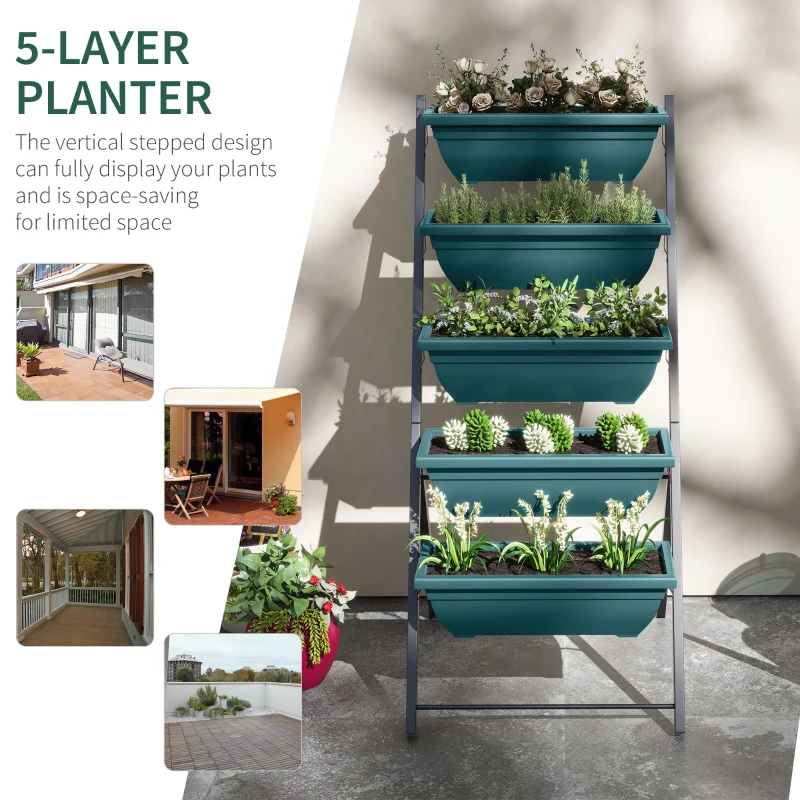 Outsunny 5-Tier Raised Garden Bed with 5 Planter Box, Outdoor Plant Stand Grow Containers with Leaking Holes, Green