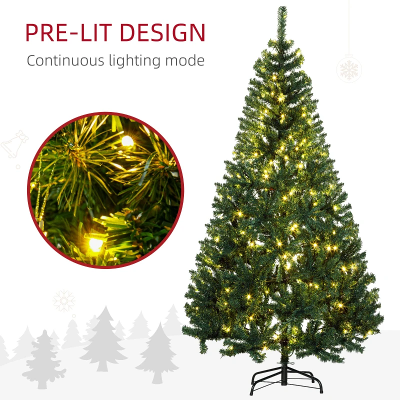HOMCOM 6 FT Tall PreLit Artificial Christmas Tree with Realistic Branches, 250 Warm White LED Lights and 1000 Tips, Green