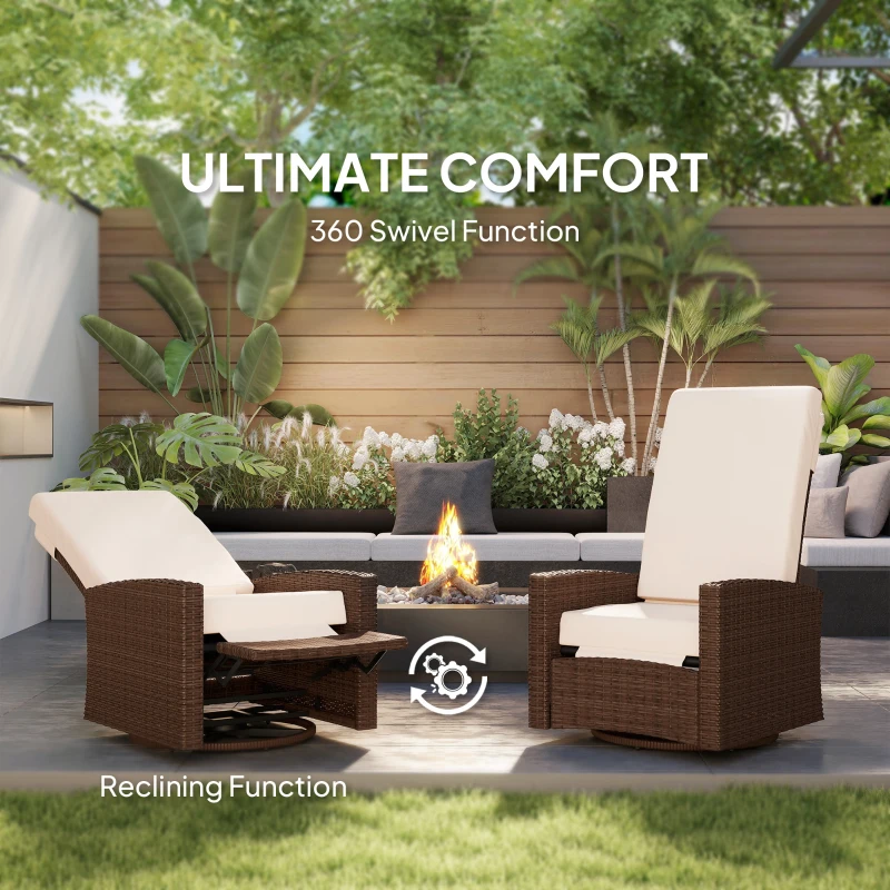 Outsunny Outdoor Wicker Swivel Recliner Chair, Lifting Footrest, 360° Rotating Basic, Water-resistant Cushions, Cream White