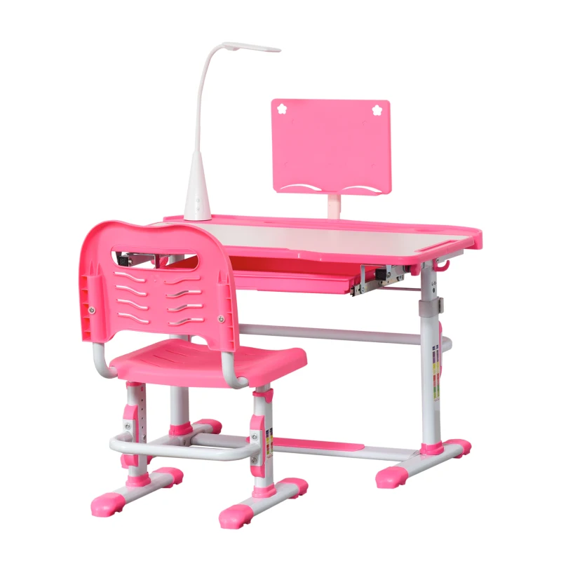 Qaba Kids Desk and Chair Set, Height Adjustable School Study Table and Chair, Student Writing Desk with Tilt Desktop, LED Light, Pen Box, Drawer, Reading Board, Cup Holder, and Pen Slots, Pink