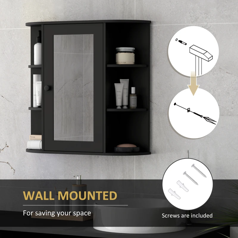 HOMCOM Mirrored Bathroom Wall Cabinet Wall Mounted Medicine Cabinet with Door & Shelves, Black
