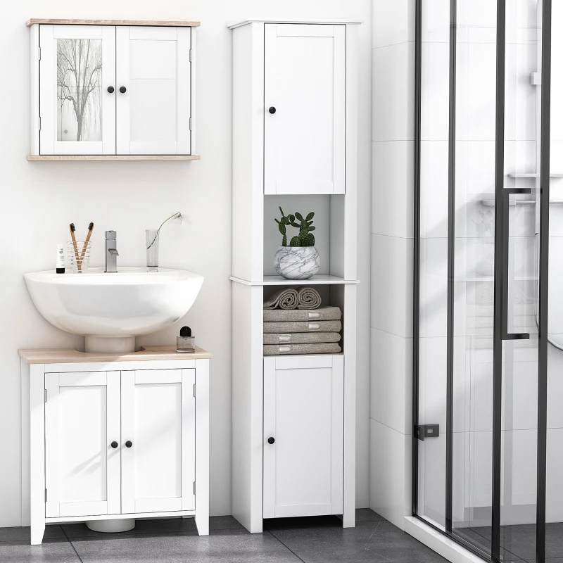 HOMCOM Tall Bathroom Storage Cabinet, Freestanding Linen Tower with 2-Tier Shelf and 2 Cabinets, Narrow Side Floor Organizer, White