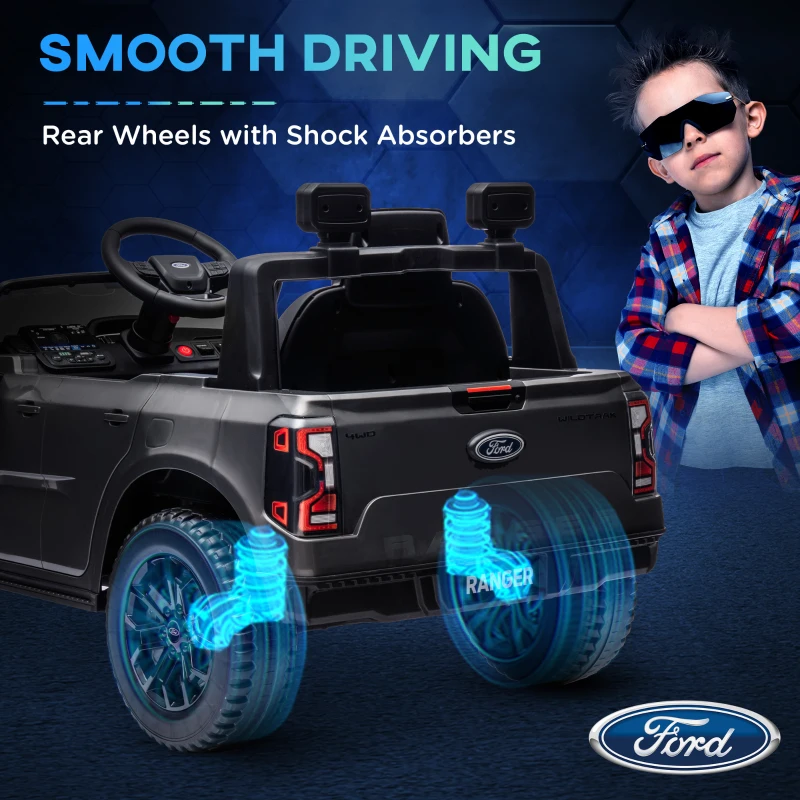 Qaba Ford Ranger Licensed 12V Ride on Car Battery Powered Kids Truck w/ Rear Storage Remote, Spring Suspension, Grey