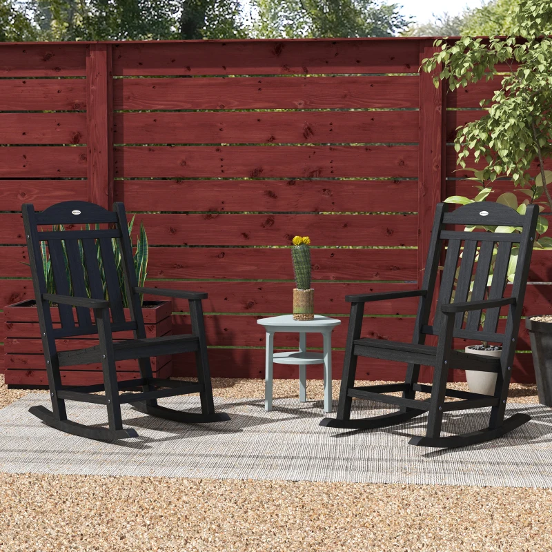 Outsunny 2PCs Outdoor Rocking Chair with Armrests, Fade-Resistant Waterproof HDPE for Indoor & Outdoor, Black
