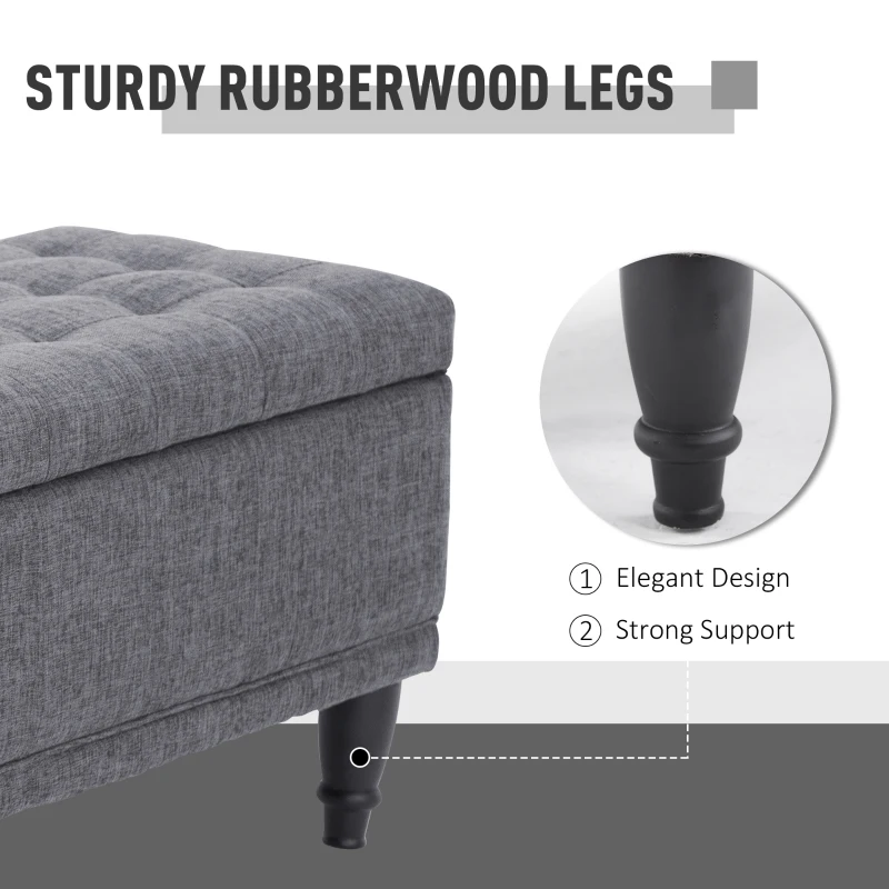 HOMCOM Storage Ottoman, Linen Fabric End of Bed Bench with Soft Close Lid, Button Tufted Storage Bench for Living Room, Entryway or Bedroom, 42" x 17" x 19", Grey