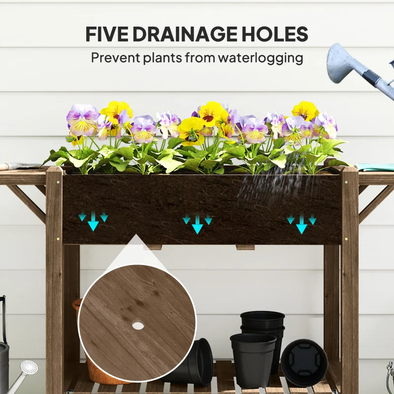 Outsunny Wood Raised Planter Box, Elevated Garden Bed with Lockable Wheels, Side Tables, Bottom Shelf, Drain Holes, Carbonized