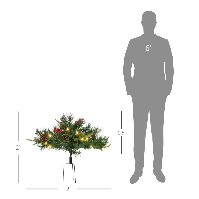 HOMCOM 2 Ft/22 inch 2 Pack Prelit Artificial Christmas Tree Cordless with 69 Branches, Warm White LED Lights, Red Berries, Pine Cones, for Outdoor Entryway, Green