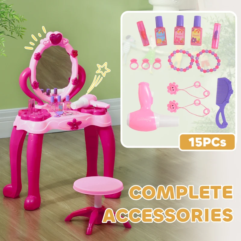Qaba Kids Vanity Set with Mirror and Stool, Light and Sound, 15 Accessories, Pink