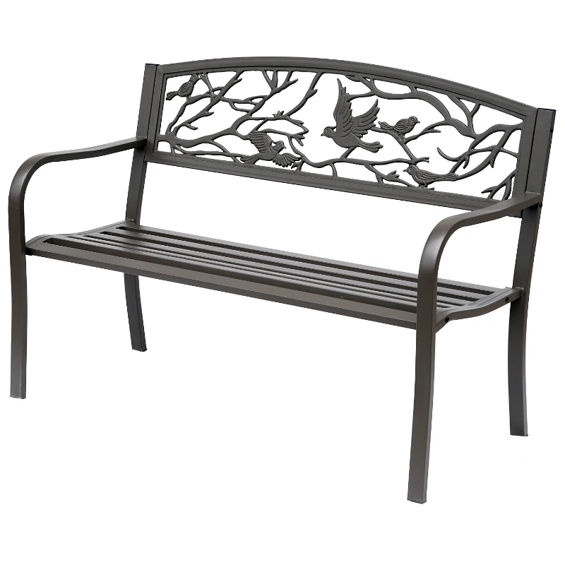 Outsunny 50" Garden Bench Outdoor Loveseat with Vintage Bird Pattern Cast Metal - Brown