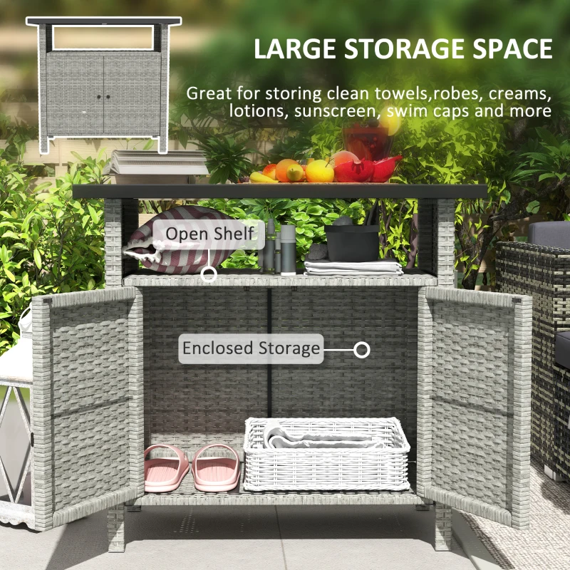 Outsunny Wicker Outdoor Storage Cabinet with Two Doors and Shelf for Outdoor Pool Towel Storage, Gray